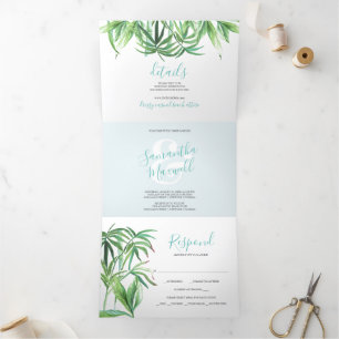 Faire-part de mariage triplé vert tropical