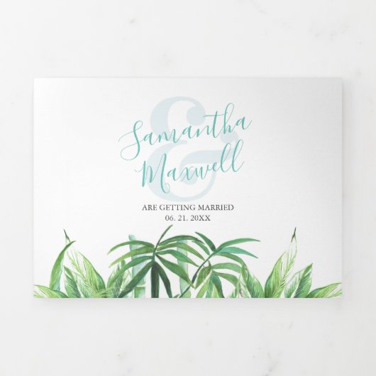 Faire-part de mariage triplé vert tropical (Page de couverture)