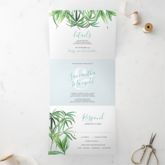 Faire-part de mariage triplé vert tropical (Intérieur)