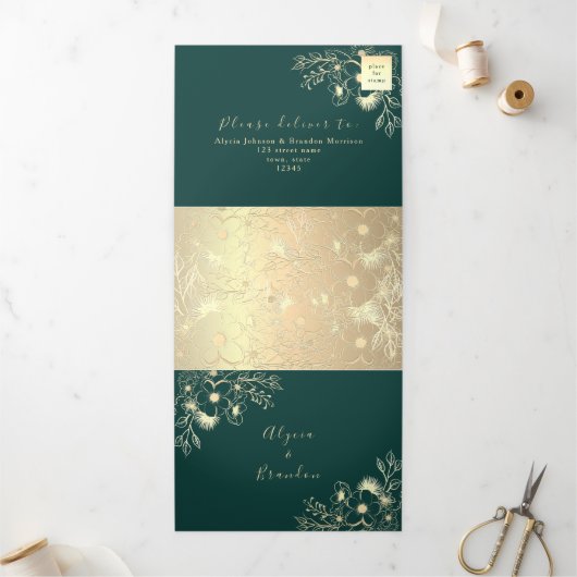 Faire-part de mariage triptyque 3 en 1 vert émerau (Extérieur)