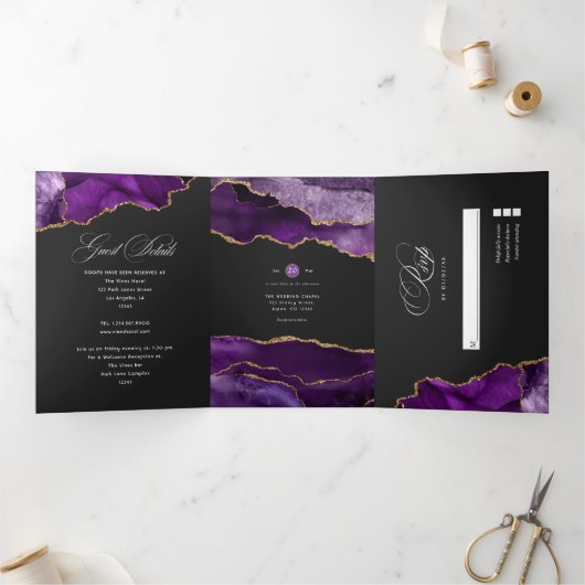 Faire-part de mariage triptyque agate or et violet (Intérieur)