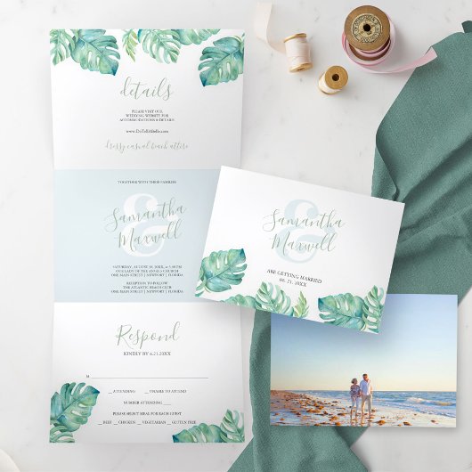 Faire-part de mariage triptyque côtier tropical.