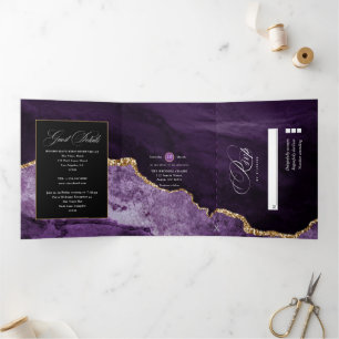 Faire-part de mariage triptyque en agate or et vio