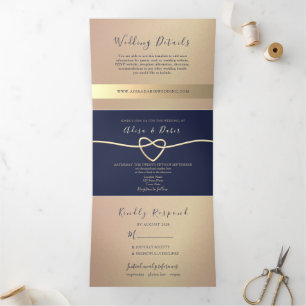 Faire-part de mariage triptyque or rose et marine