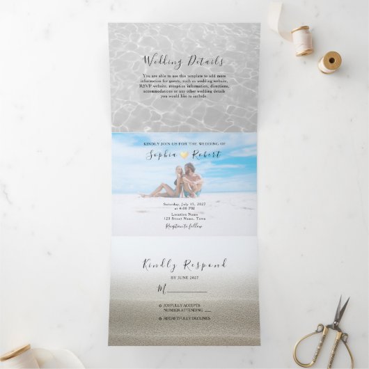 Faire-part de mariage triptyque photo de plage (Intérieur)