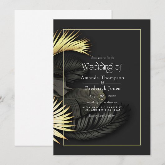 Faire-part de mariage tropical noir et or (Devant / Derrière)
