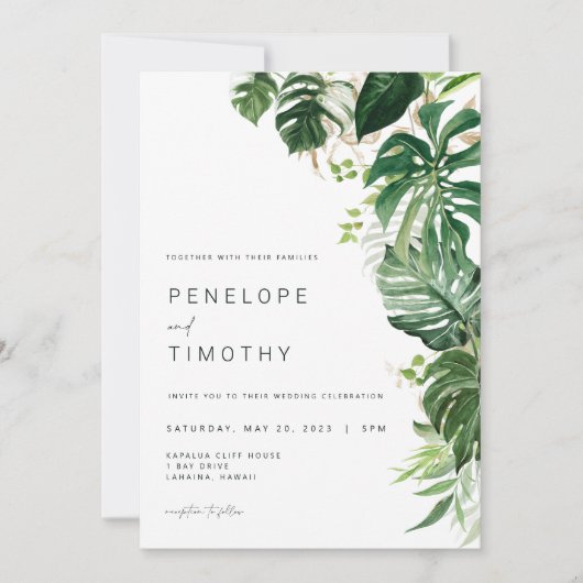Faire-part de mariage tropicale moderne Monstera F (Devant)