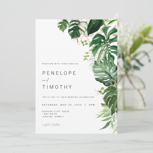 Faire-part de mariage tropicale moderne Monstera F (Debout devant)