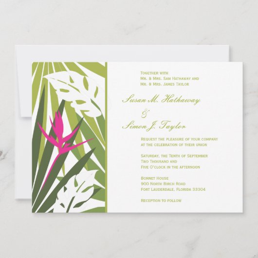 Faire-part de mariage tropicale - Vert et rose (Devant)