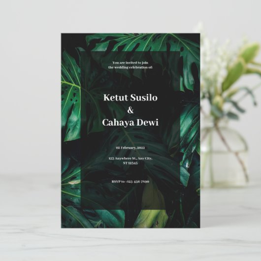Faire-part de mariage tropicale verte (Debout devant)