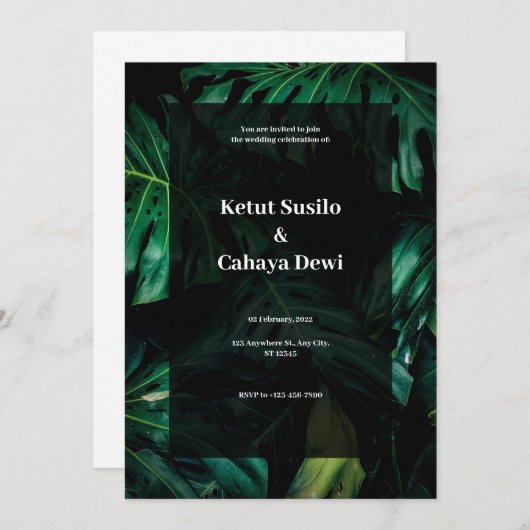 Faire-part de mariage tropicale verte (Devant / Derrière)