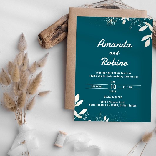 Faire-part de mariage Turquoise botanique moderne