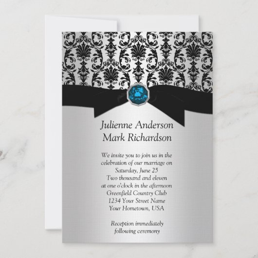 Faire-part de mariage turquoise damassé argent noi (Devant)