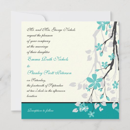 Faire-part de mariage turquoise de branche moderne (Devant)
