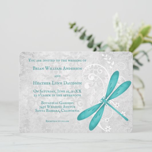 Faire-part de mariage turquoise de libellules (Debout devant)