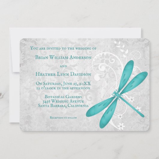 Faire-part de mariage turquoise de libellules (Devant)