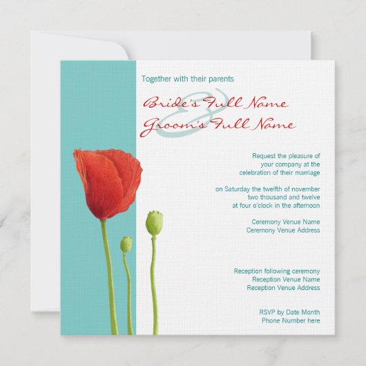 Faire-part de mariage turquoise de Red Poppy (Devant)