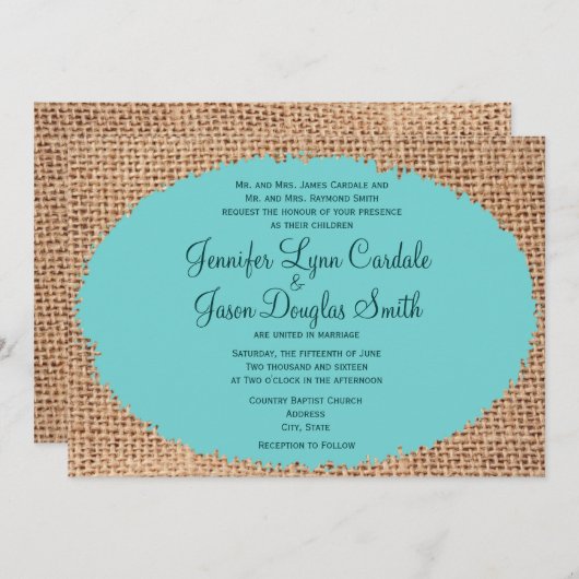 Faire-part de mariage Turquoise du Burlap rustique (Devant / Derrière)