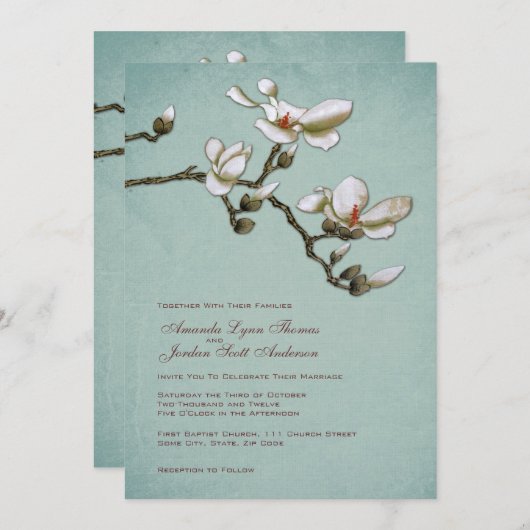 Faire-part de mariage Turquoise et blanc de Magnol (Devant / Derrière)