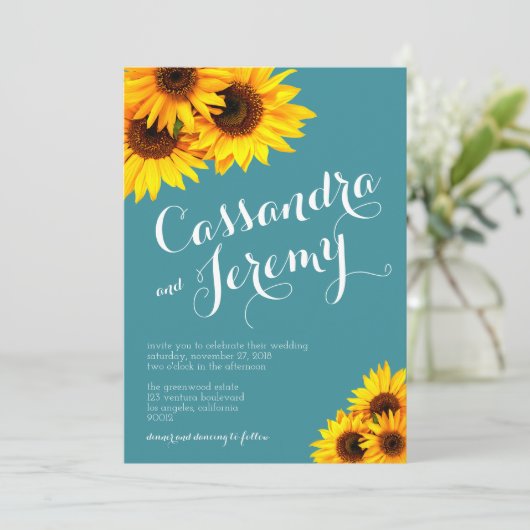 Faire-part de mariage turquoise et jaune de (Debout devant)