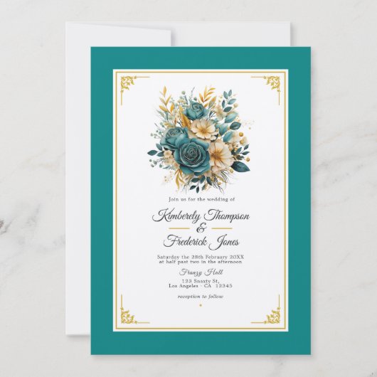 Faire-part de mariage turquoise et or floral (Devant)