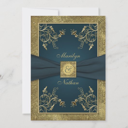 Faire-part de mariage turquoise et or Floral Monog (Devant)
