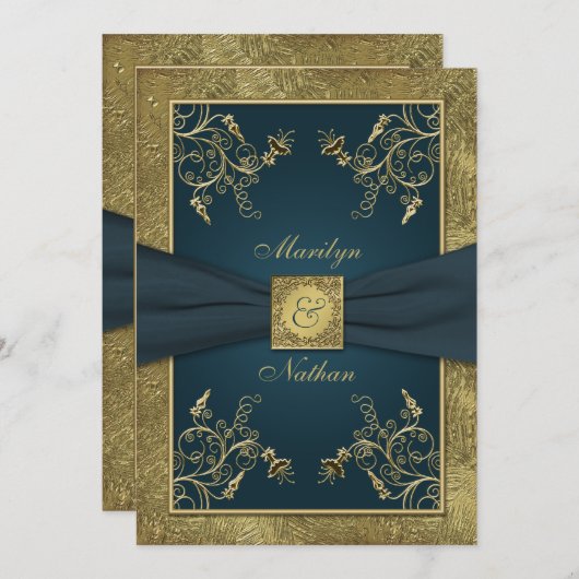 Faire-part de mariage turquoise et or Floral Monog (Devant / Derrière)