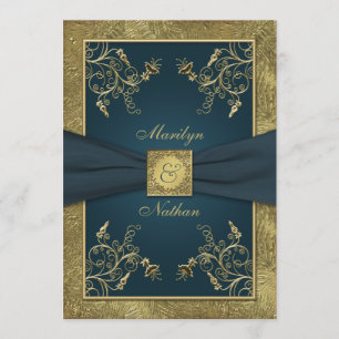 Faire-part de mariage turquoise et or Floral Monog