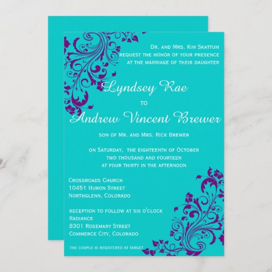 Faire-part de mariage turquoise et violette (Devant / Derrière)