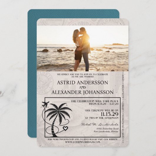 Faire-part de mariage turquoise Florida Passport (Devant / Derrière)