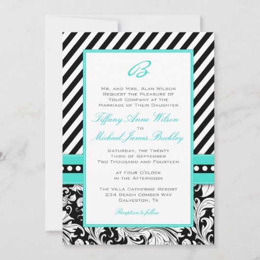faire-part de mariage turquoise noir blanc damassé (Devant)