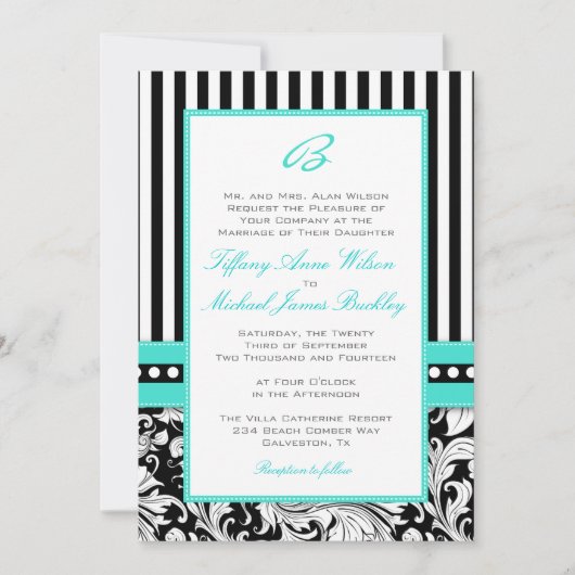 faire-part de mariage turquoise noir blanc damassé (Devant)