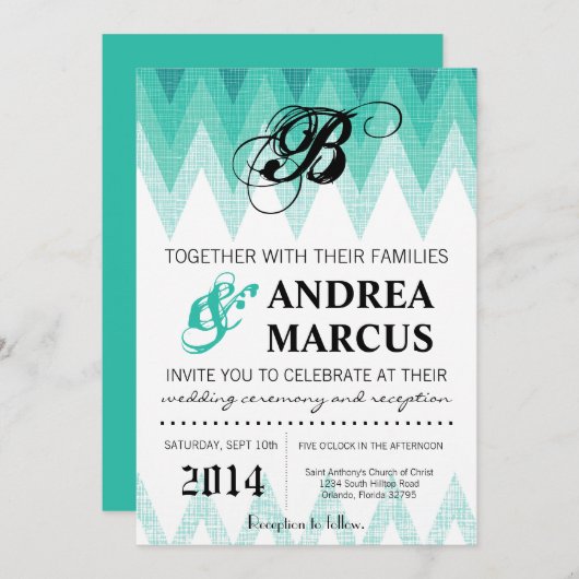 faire-part de mariage Turquoise Ombre Chevron 5x7 (Devant / Derrière)