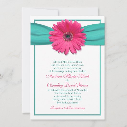 Faire-part de mariage Turquoise rose Gerbera Daisy (Devant)