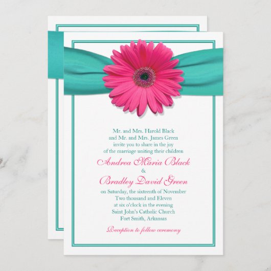 Faire-part de mariage Turquoise rose Gerbera Daisy (Devant / Derrière)