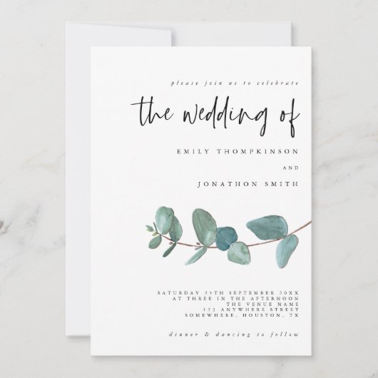 Faire-part de mariage Turquoise simple Eucalyptus (Devant)