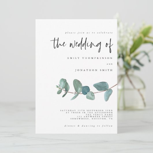 Faire-part de mariage Turquoise simple Eucalyptus (Debout devant)