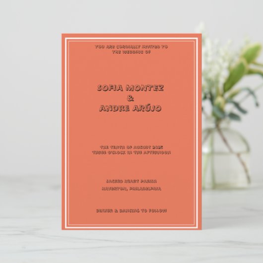 Faire-part de mariage typographique orange (Debout devant)