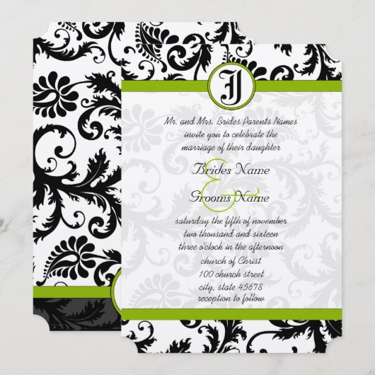 Faire-part de mariage unique vert pomme noir damas (Devant / Derrière)
