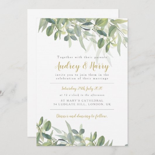 Faire-part de mariage verdoyante à l'eucalyptus (Devant / Derrière)