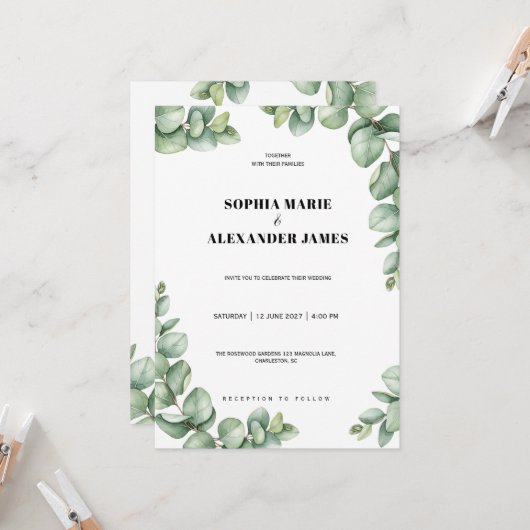 Faire-part de mariage verdure éclat eucalyptus (Devant/Arrière en situation)