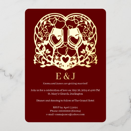 Faire-part de mariage, verres à vin, coeur (Recto)