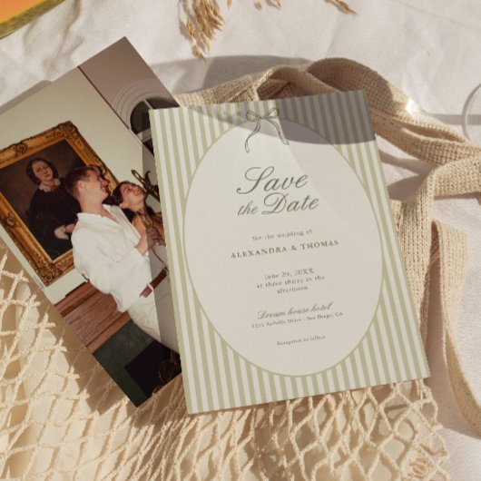 Faire-part de mariage vert à rayures capricieuses
