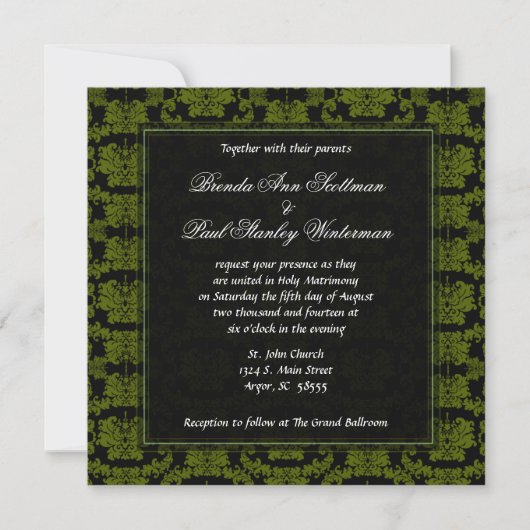 Faire-part de mariage vert Carré Damask (Devant)