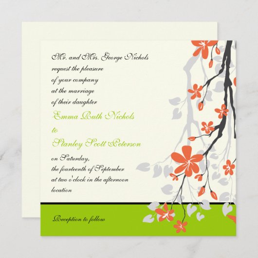 Faire-part de mariage vert citron orange (Devant / Derrière)