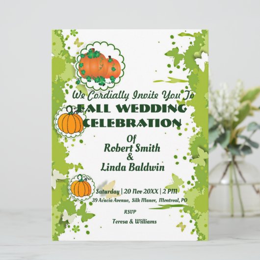 Faire-part de mariage vert Citrouille orange autom (Debout devant)