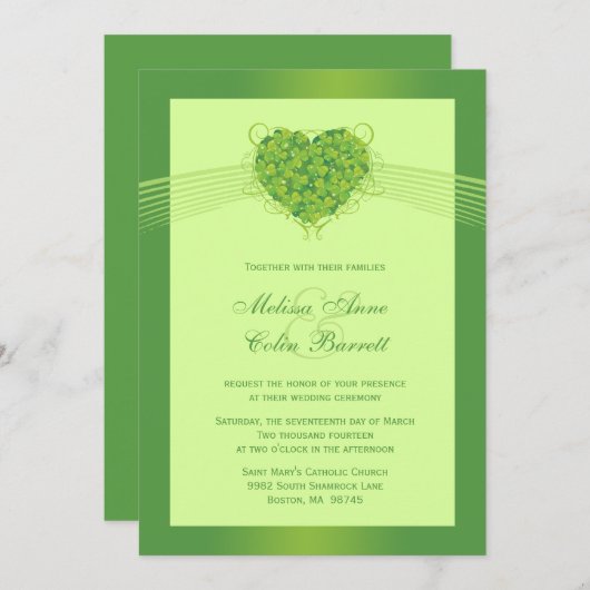 Faire-part de mariage vert de coeur de trèfles de (Devant / Derrière)