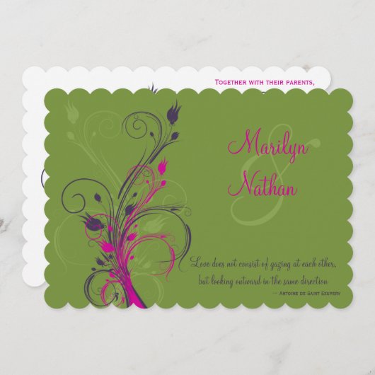 Faire-part de mariage vert de fleurs blanches et v (Devant / Derrière)