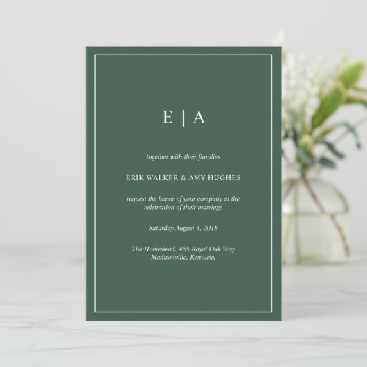 Faire-part de mariage vert de forêt monogramme min (Debout devant)