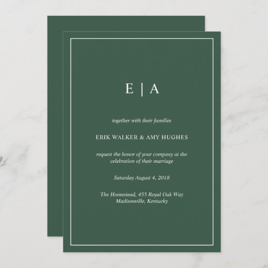 Faire-part de mariage vert de forêt monogramme min (Devant / Derrière)